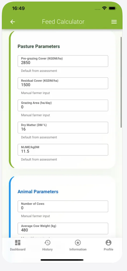 Feed calculator screen in the Pasture Ai app