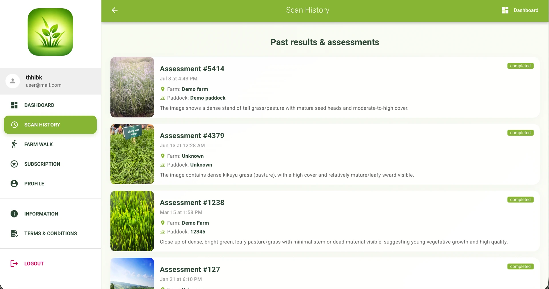 History screen in Pasture Ai